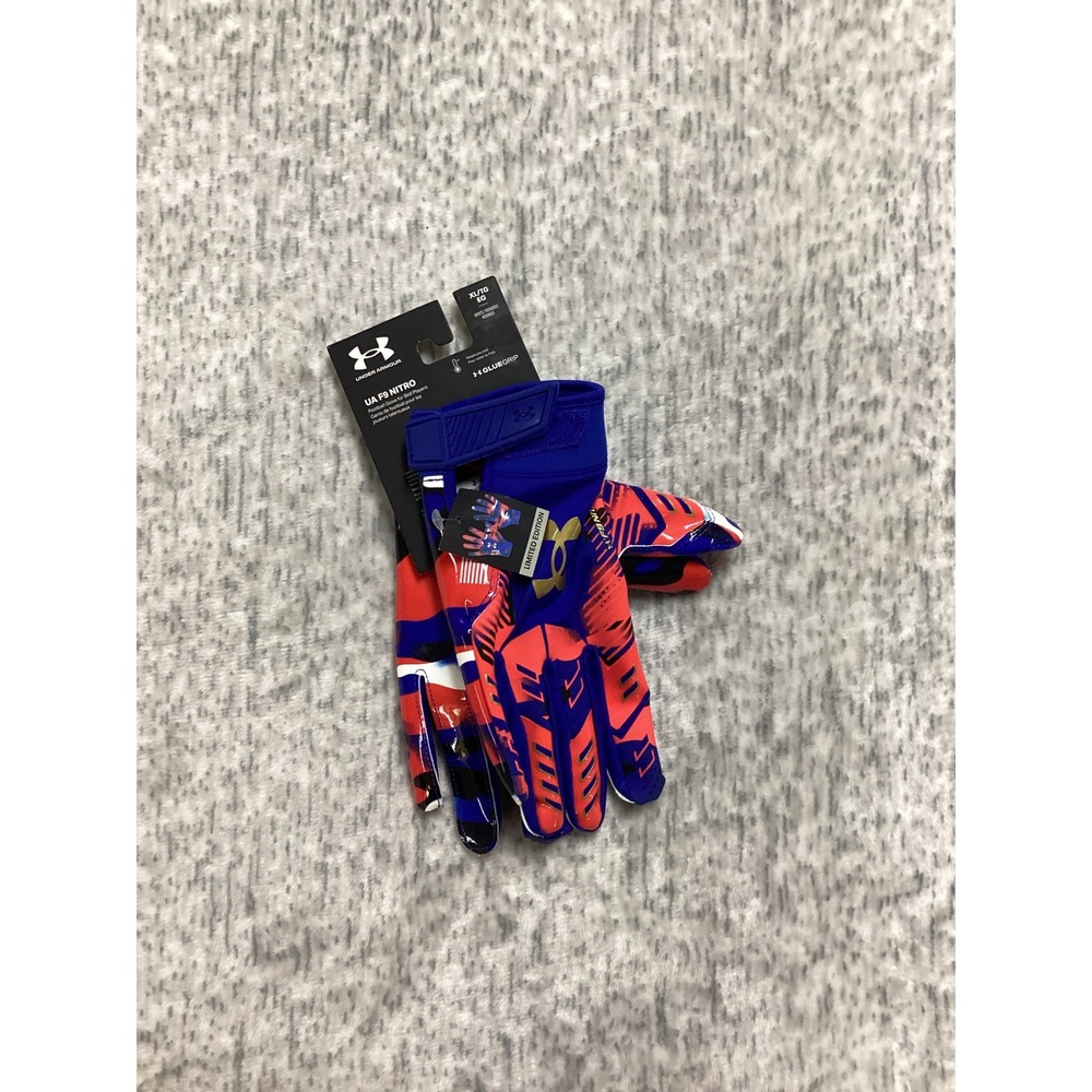 Under Armour Mens F9 Nitro Football Gloves XL Blue Red White Camo 1381942 NEW
